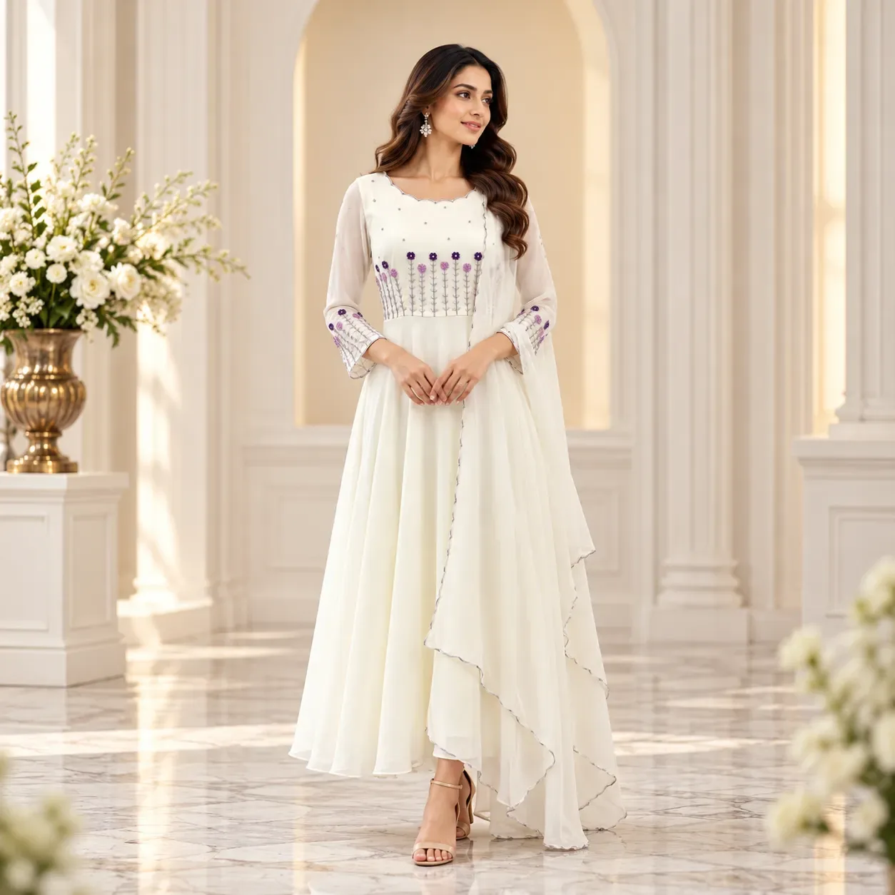 Ivory Anarkali Handworked Top with Dupatta — Anarkalis from Weavaa Bridal & Designer Boutique, a verified 6thLoom designer