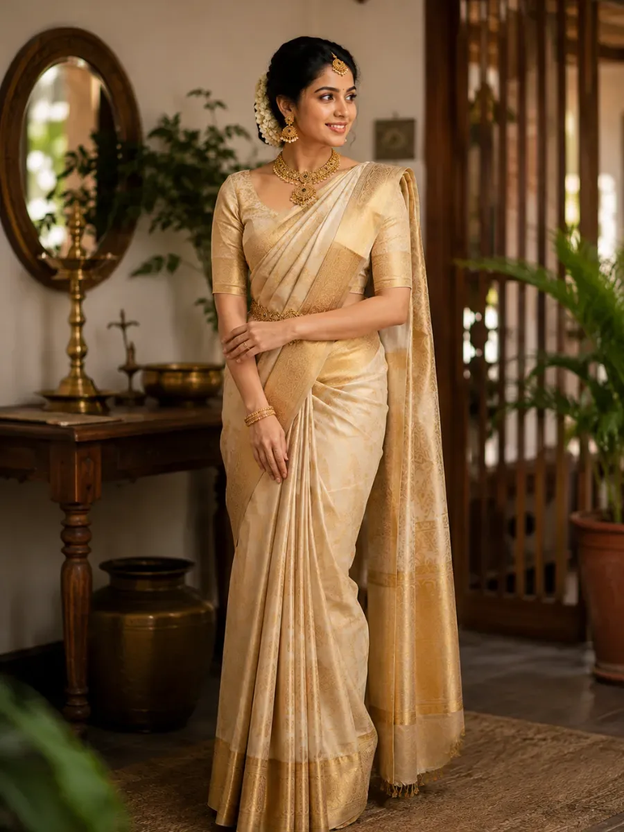 Kerala Traditional Cream & Gold Bridal Silk Saree — Bridal Wear from Zayora boutique, a verified 6thLoom designer