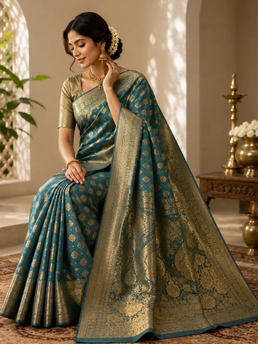 Teal Blue & Gold Zari Banarasi Silk Saree — Banarasi Sarees from Poorvani Boutique, a verified 6thLoom designer