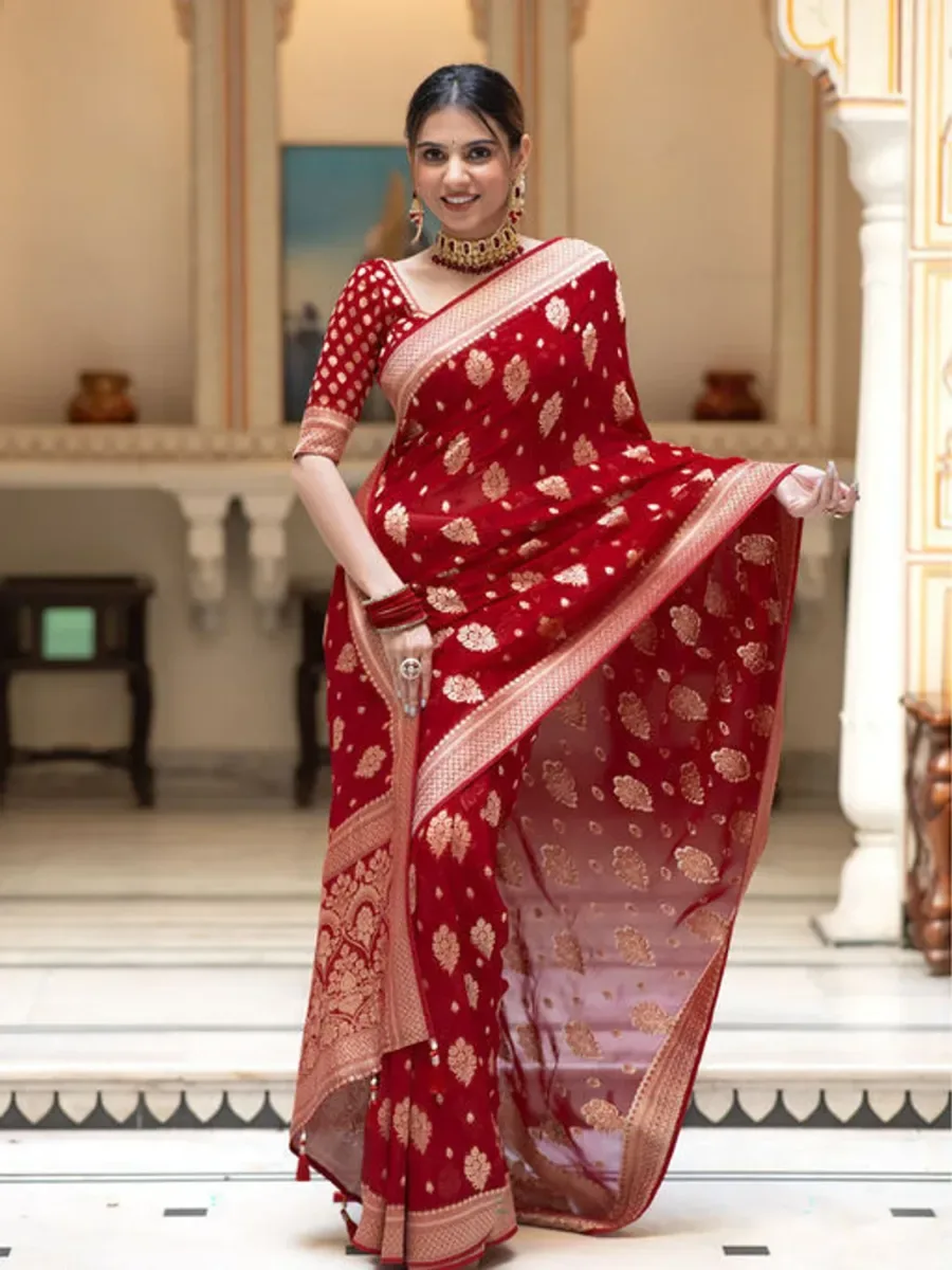ZILVIRA Woven Kanjivaram Pure Silk, Silk Blend Saree (Red) — Bridal Wear from Mizhora Boutique, a verified 6thLoom designer