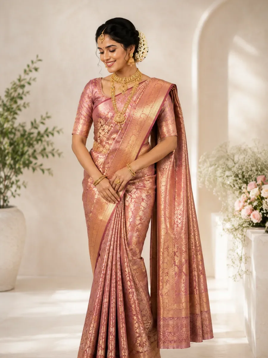 Rose Gold Zari Woven Kanjivaram Bridal Silk Saree — Bridal Wear from Zayora boutique, a verified 6thLoom designer