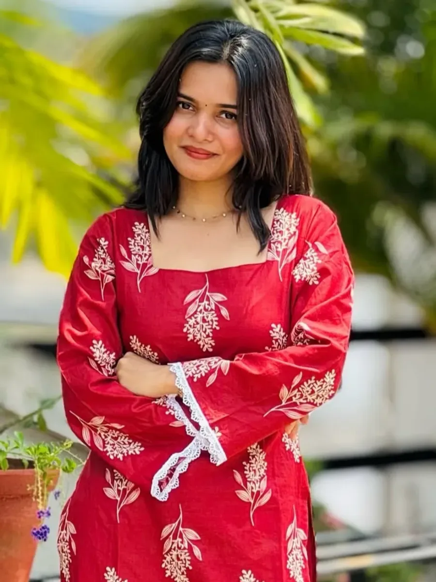 Vrishabhanulali Floral Print Pure Cotton Straight Kurta for Women (Red) — Kurtis from Mizhora Boutique, a verified 6thLoom designer