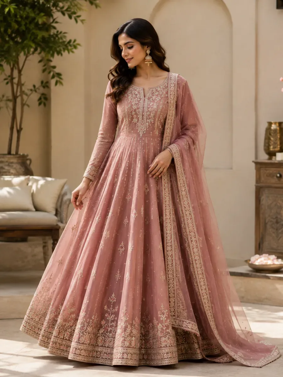 Elegant Dusty Rose Embroidered Anarkali Dress — Anarkalis from Poorvani Boutique, a verified 6thLoom designer