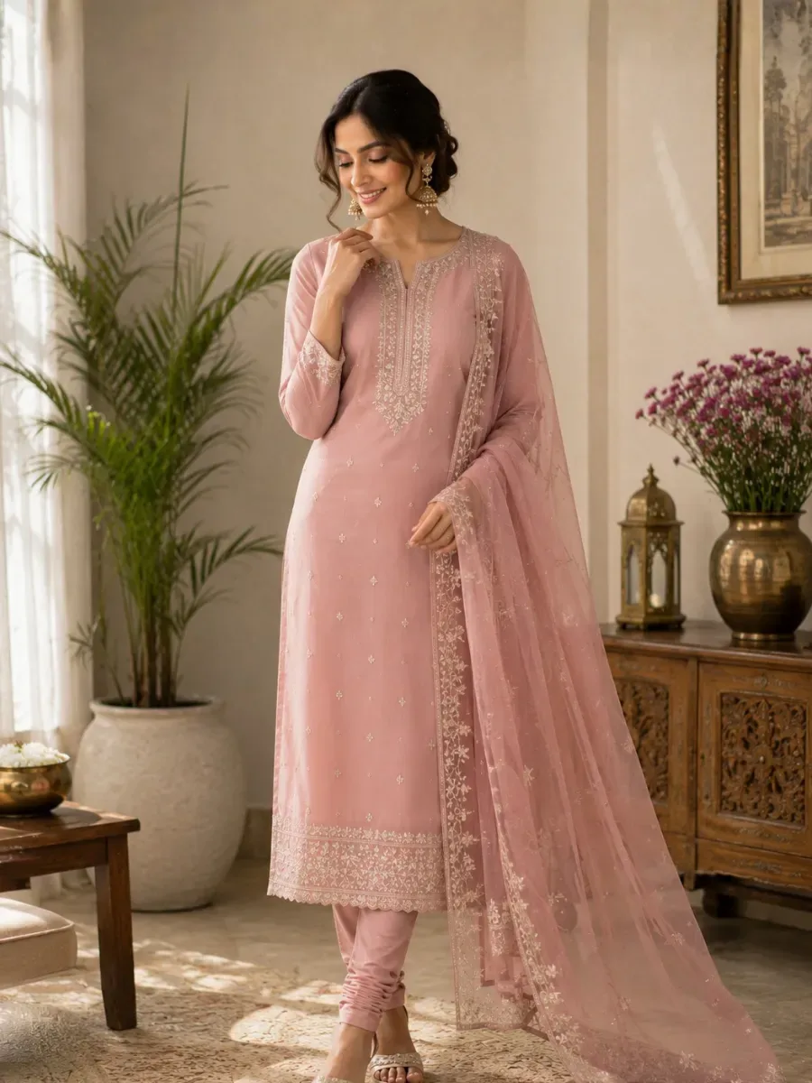 Dusty Rose Embroidered Churidar Set — Churidars from Poorvani Boutique, a verified 6thLoom designer