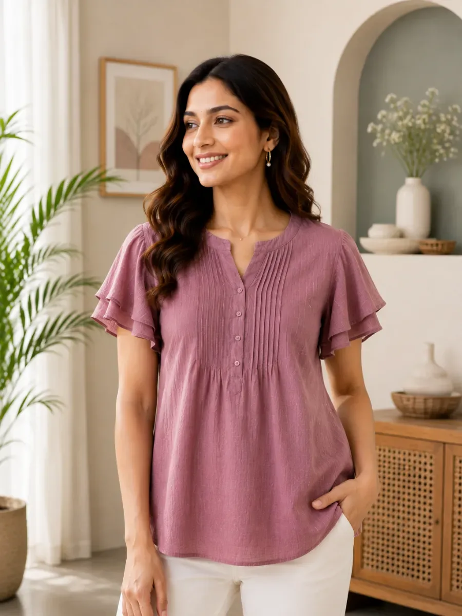 Dusty Rose Ruffle Sleeve Casual Top — Tops from Zayora boutique, a verified 6thLoom designer