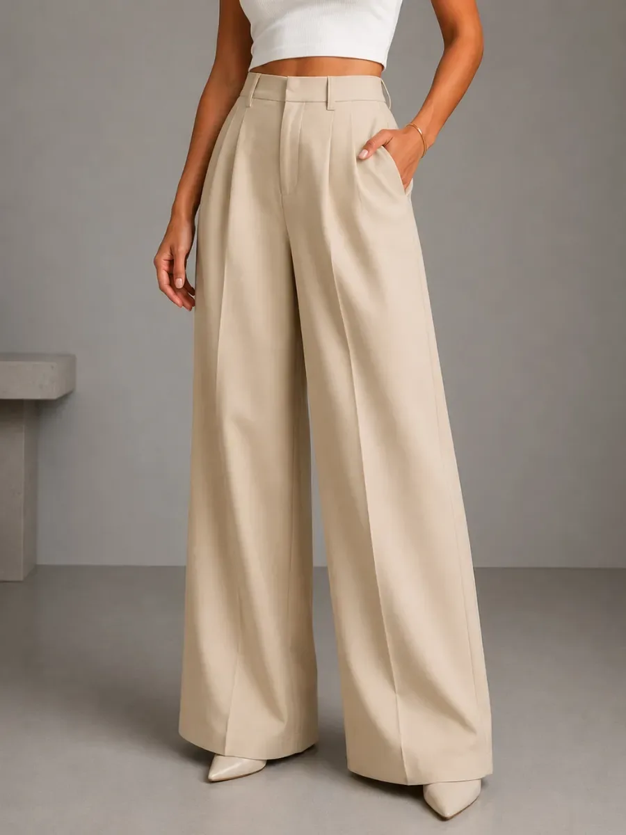 KOTTY Women Relaxed Beige Viscose Rayon Trousers — Bottom Wear from Mizhora Boutique, a verified 6thLoom designer