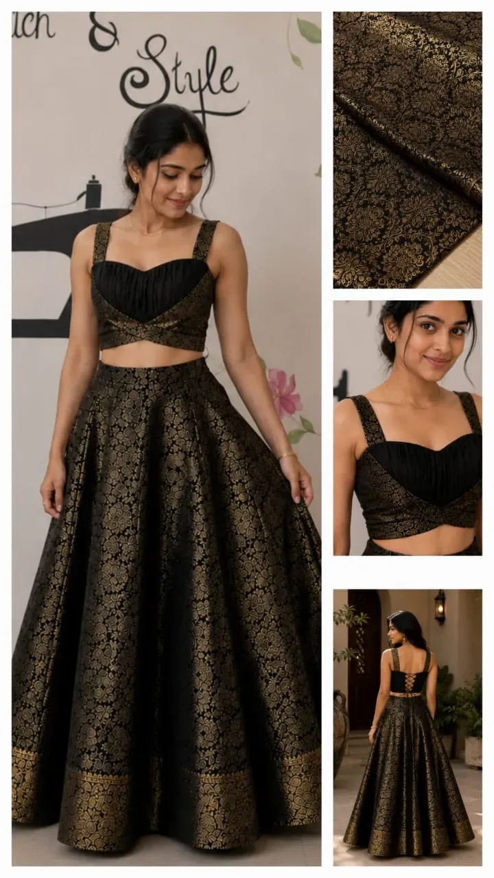 Black & Gold Zeri Brocade Lehenga Set — Lehengas from Stitch & Style Boutique, a verified 6thLoom designer