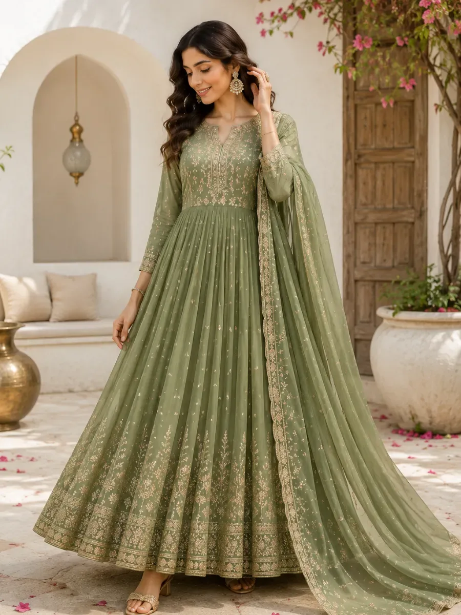 Sage Serenity Embroidered Anarkali Set — Anarkalis from Mehira Boutique, a verified 6thLoom designer