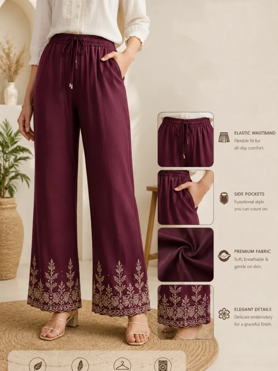 Maroon Bloom Embroidered Palazzo Pants — Bottom Wear from Mehira Boutique, a verified 6thLoom designer