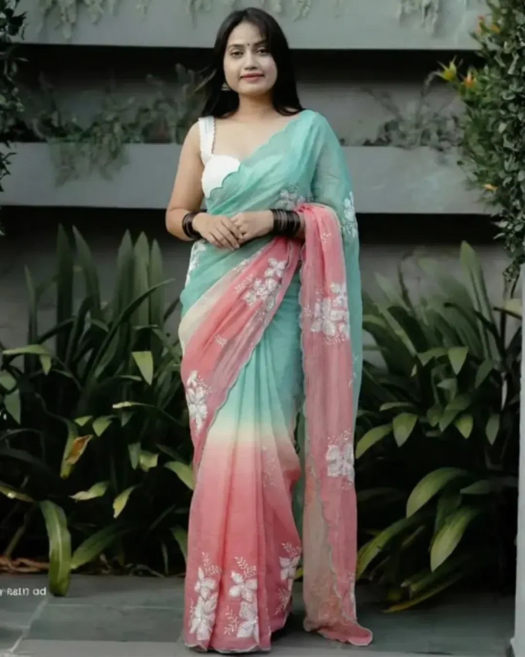 Mint Green & Peach Embroidered Saree — Ready-to-Wear Sarees from GL fashion , a verified 6thLoom designer