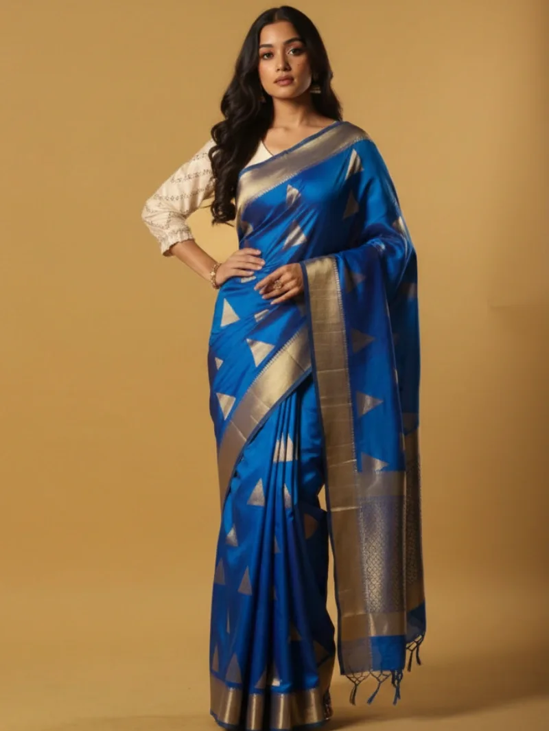 Royal Blue Zari Border Saree with Geometric Triangle Motifs — Banarasi Sarees from Wagmi vastra, a verified 6thLoom designer