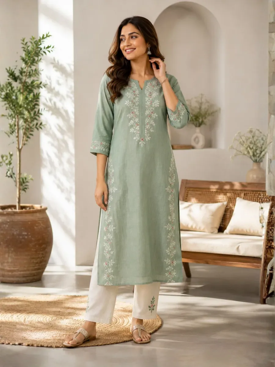 Sage Green Floral Embroidered Kurti Set — Kurtis from Zayora boutique, a verified 6thLoom designer