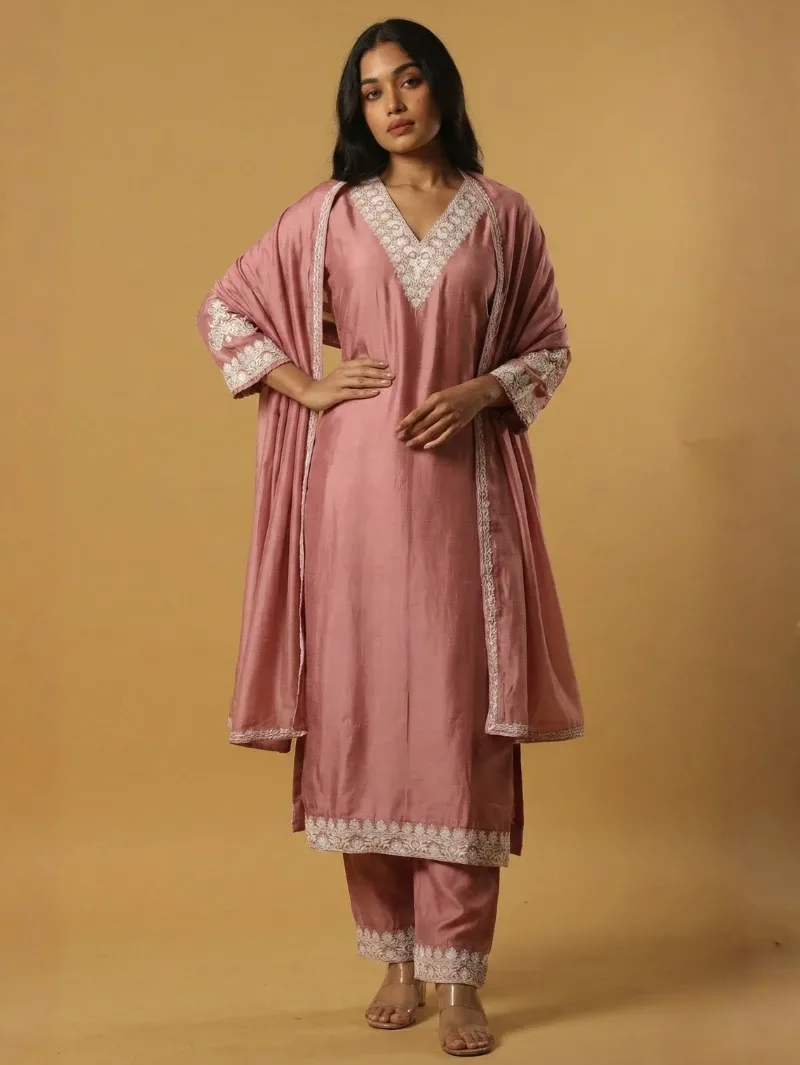 Blush Pink Embroidered 3-Piece Set — Churidar Materials from Wagmi vastra, a verified 6thLoom designer
