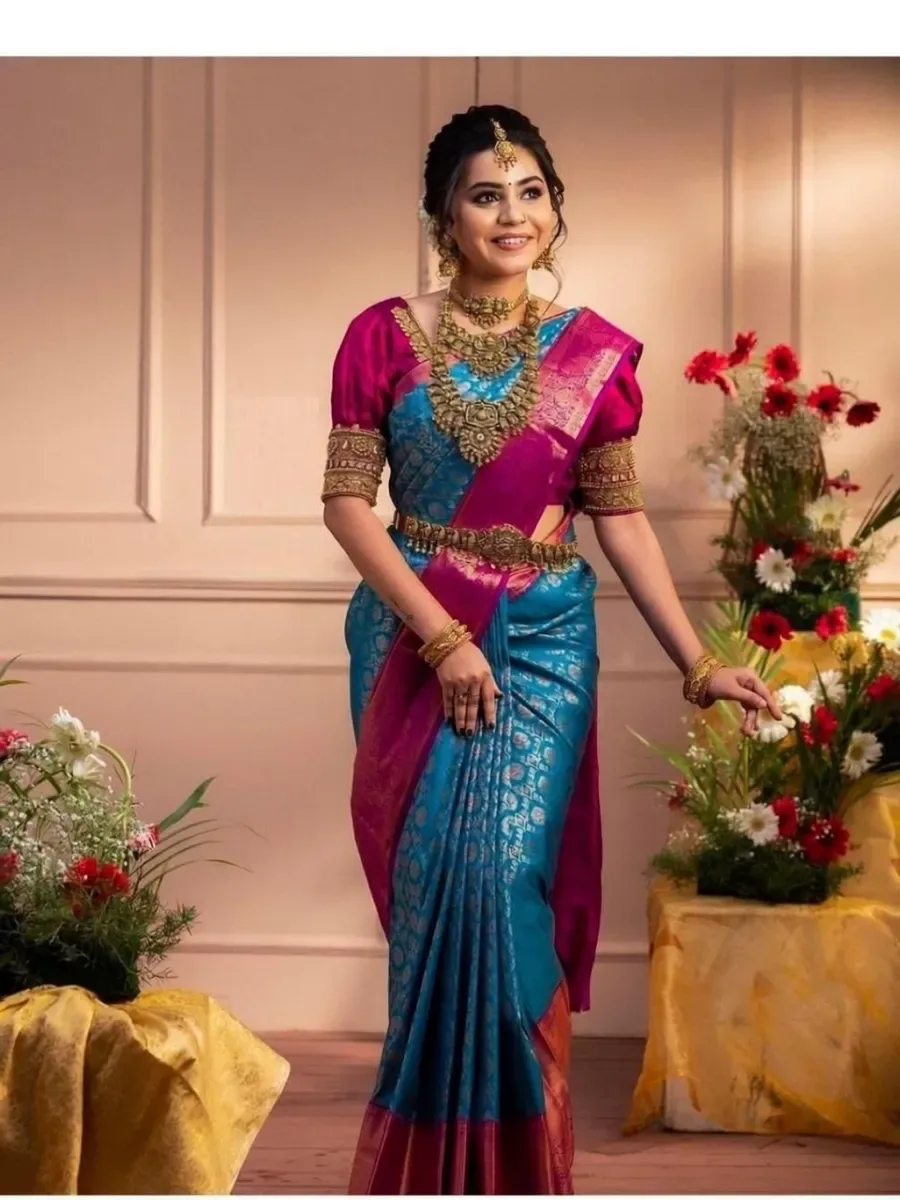 ZILVIRA Woven Kanjivaram Jacquard, Art Silk Saree (Light Blue, Pink) — Bridal Wear from Mizhora Boutique, a verified 6thLoom designer