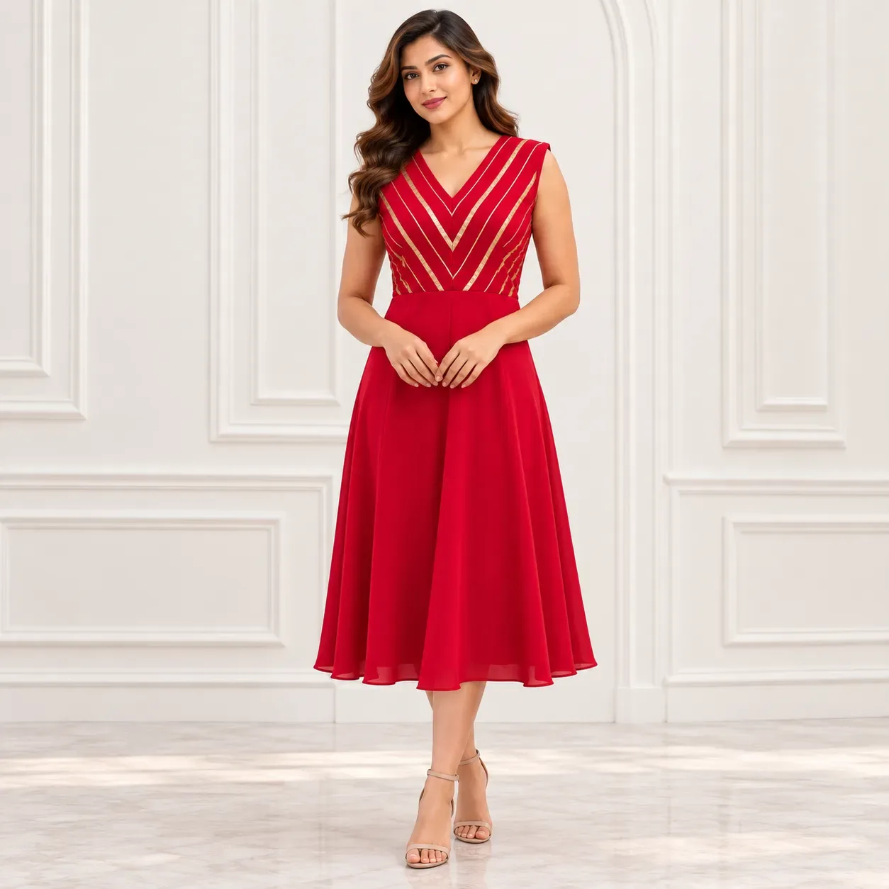 Red A-Line Top with Striped Yoke — Kurtis from Weavaa Bridal & Designer Boutique, a verified 6thLoom designer