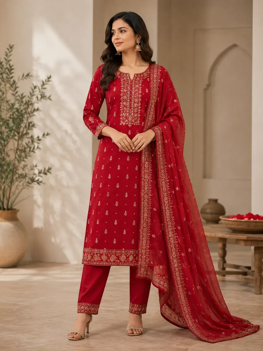 Red Embroidered Anarkali-Style Salwar Suit Set for Women — Salwar Suits from Mizhora Boutique, a verified 6thLoom designer