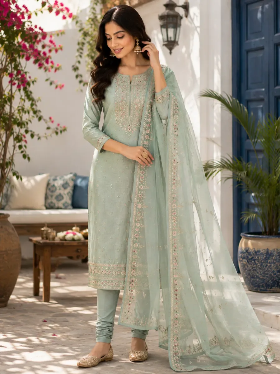 Pastel Mint Floral Embroidered Churidar Material Set — Churidar Materials from Poorvani Boutique, a verified 6thLoom designer