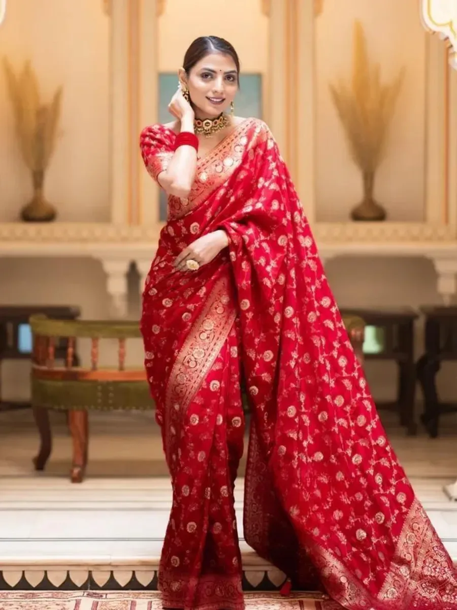 Leelavati Printed Banarasi Pure Silk, Jacquard Saree (Red) — Bridal Wear from Nivara, a verified 6thLoom designer