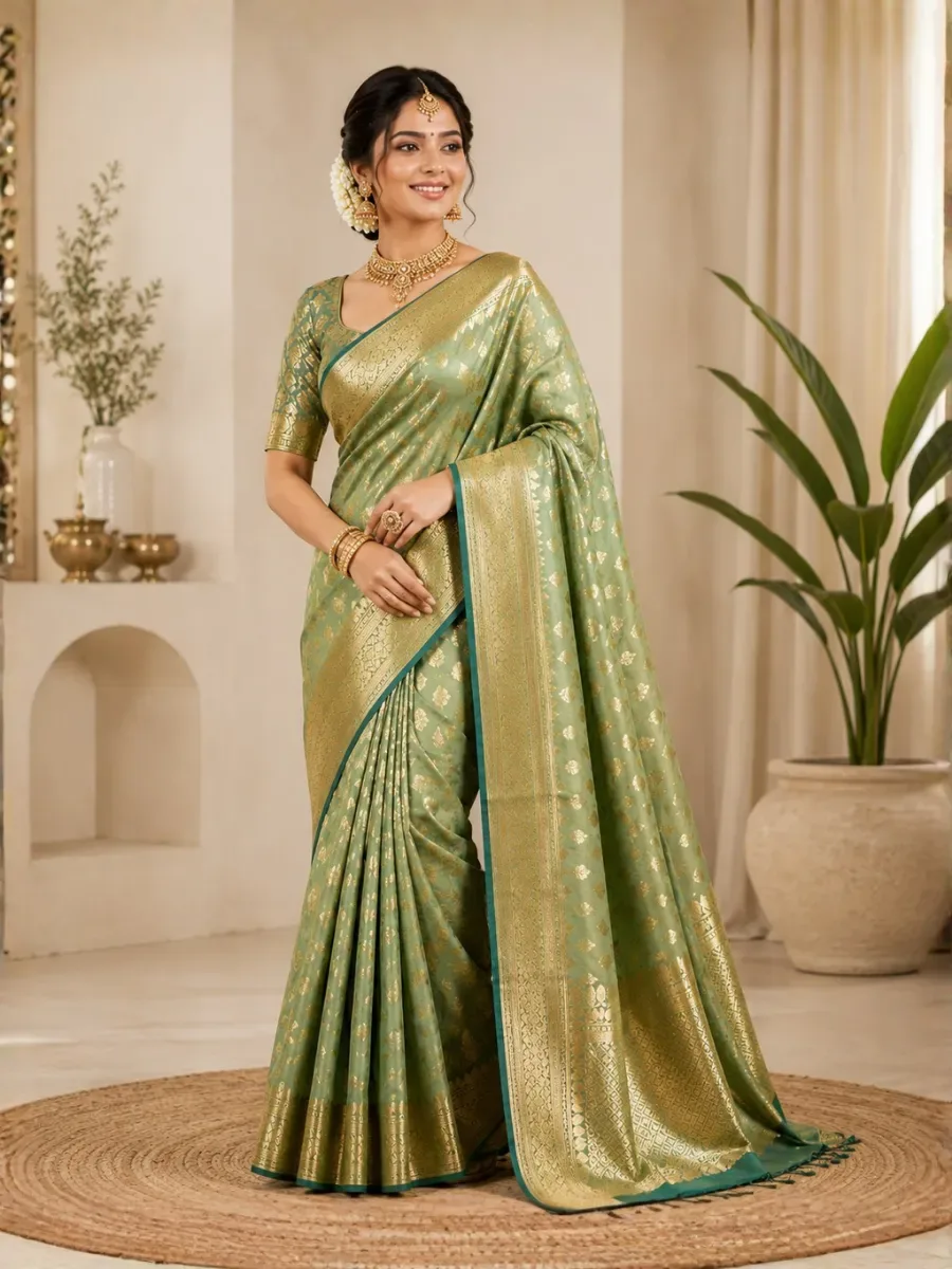 Elegant Mint Green & Gold Banarasi Silk Wedding Saree — Party Wear Sarees from Mizhora Boutique, a verified 6thLoom designer