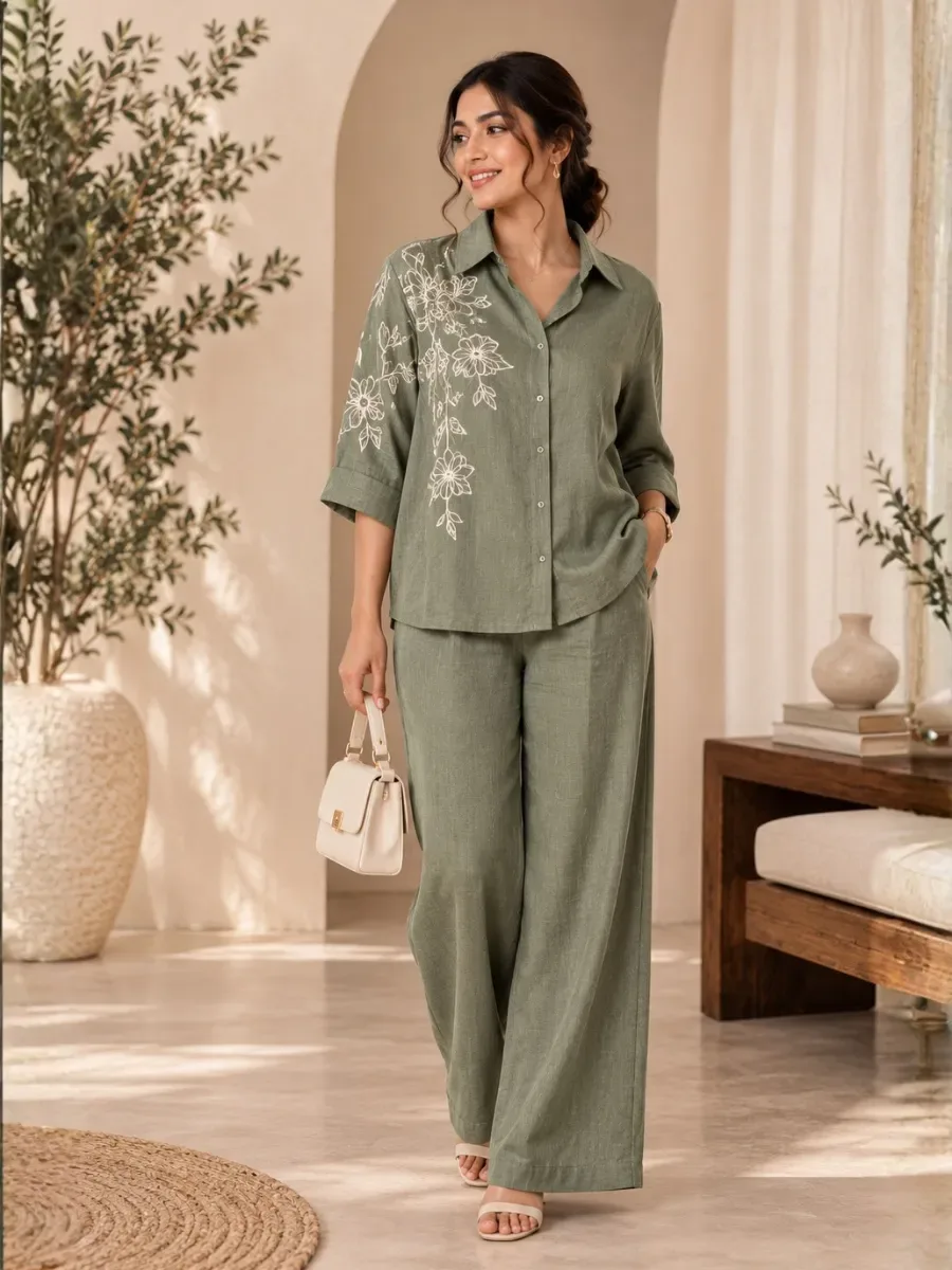 Elegant Sage Green Embroidered Linen Co-Ord Set — Co-Ord Sets from Zayora boutique, a verified 6thLoom designer
