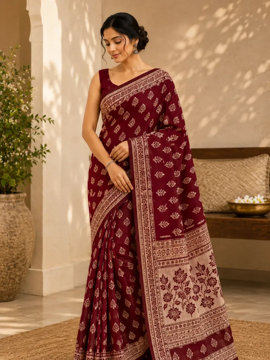 Rosewood Bloom Cotton Saree — Cotton Sarees from Mehira Boutique, a verified 6thLoom designer