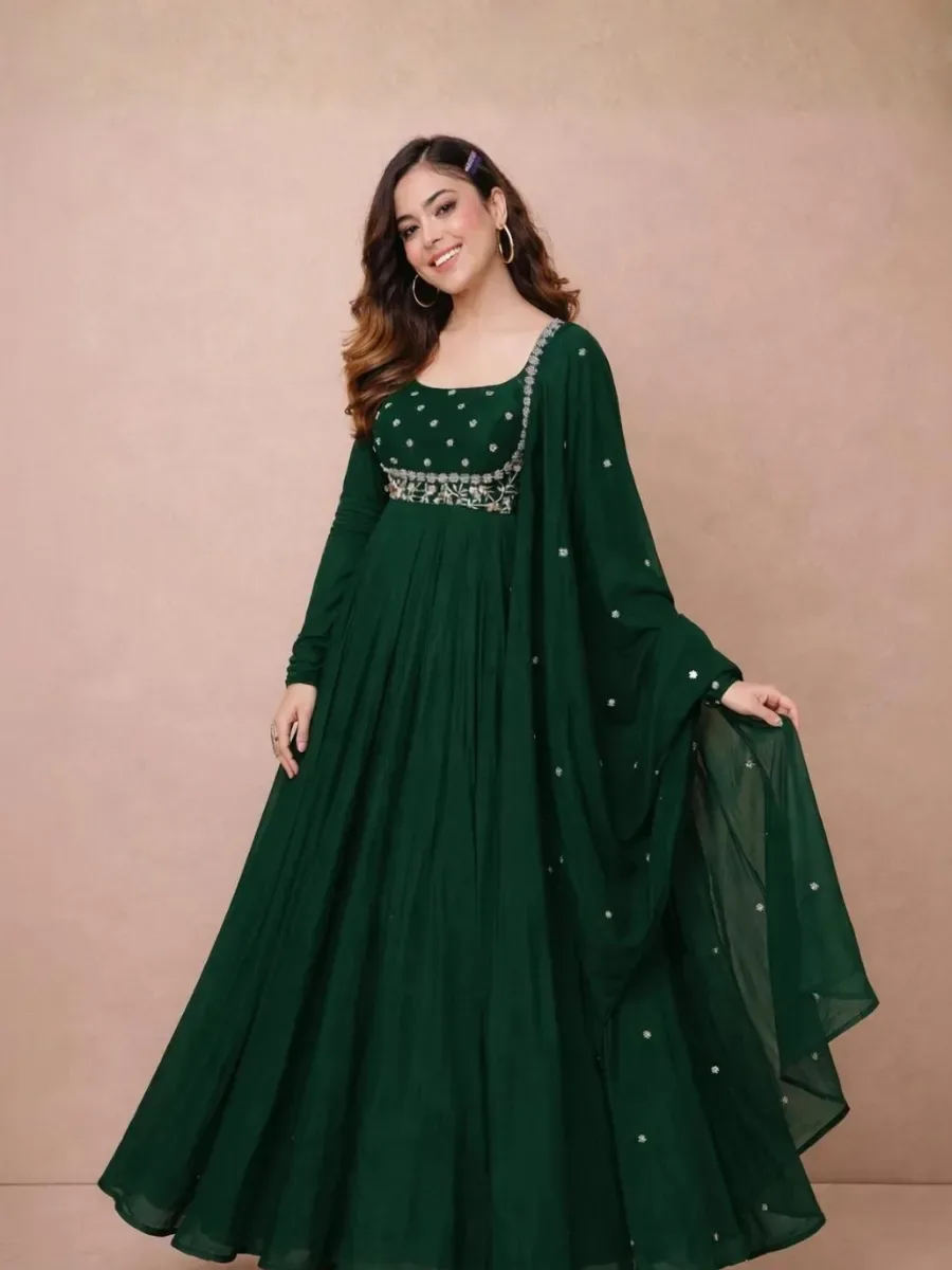 BHOOLKU Embroidered Georgette Stitched Anarkali Gown (Dark Green) — Gowns from Nivara, a verified 6thLoom designer