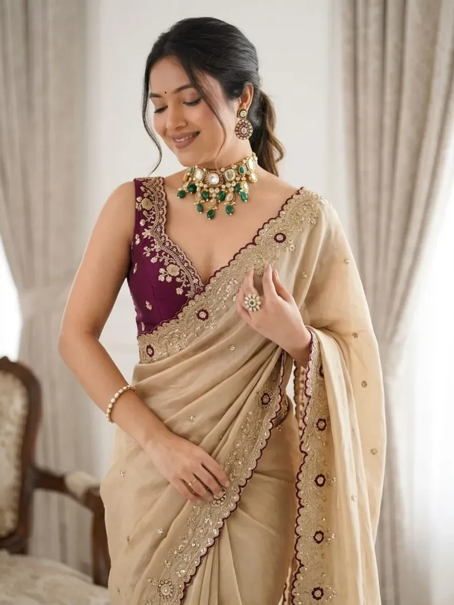 SimSim Trendz Printed Bollywood Art Silk Saree (Cream, Beige) — Banarasi Sarees from Zayora boutique, a verified 6thLoom designer