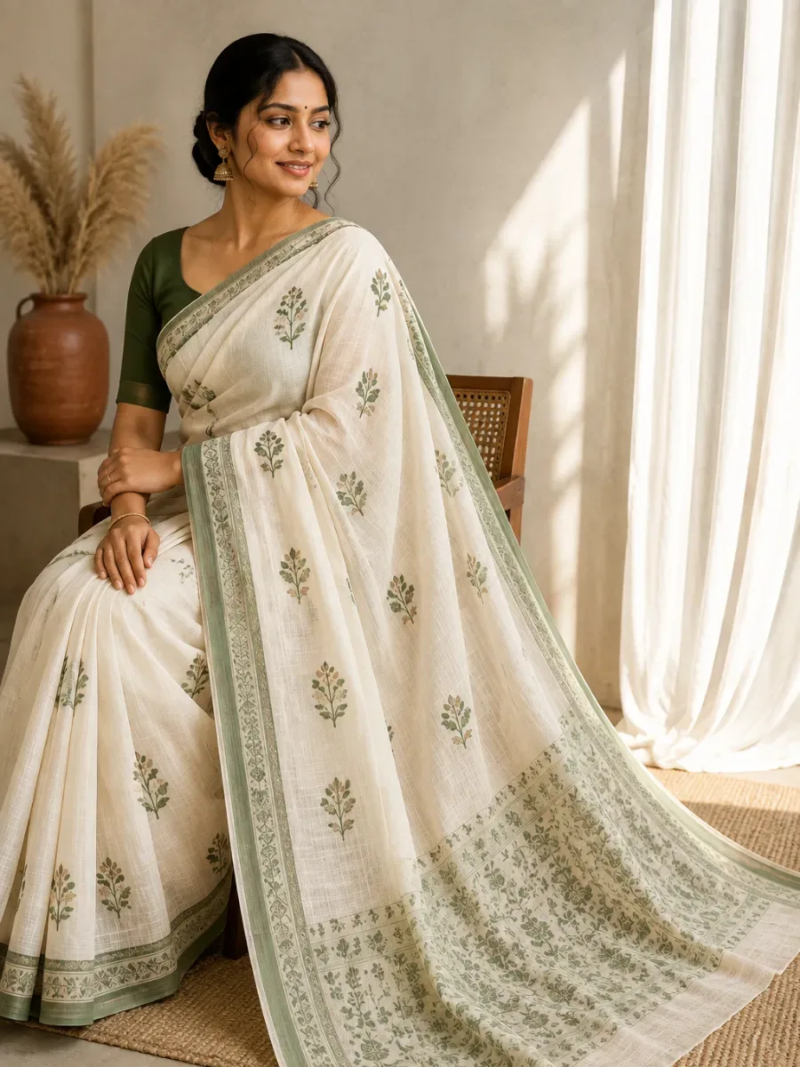 Nivara Pure Cotton Floral Printed Saree — Cotton Sarees from Nivara, a verified 6thLoom designer