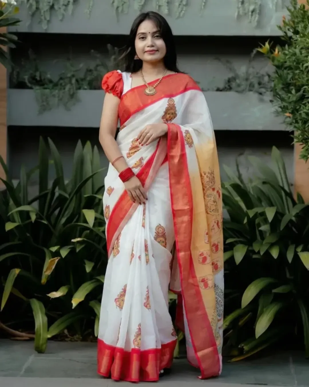 Classic White & Red Kerala Style Saree — Ready-to-Wear Sarees from GL fashion , a verified 6thLoom designer