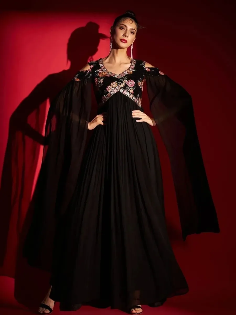 Madhuram Embroidered Georgette Stitched Anarkali Gown (Black) — Gowns from Nivara, a verified 6thLoom designer