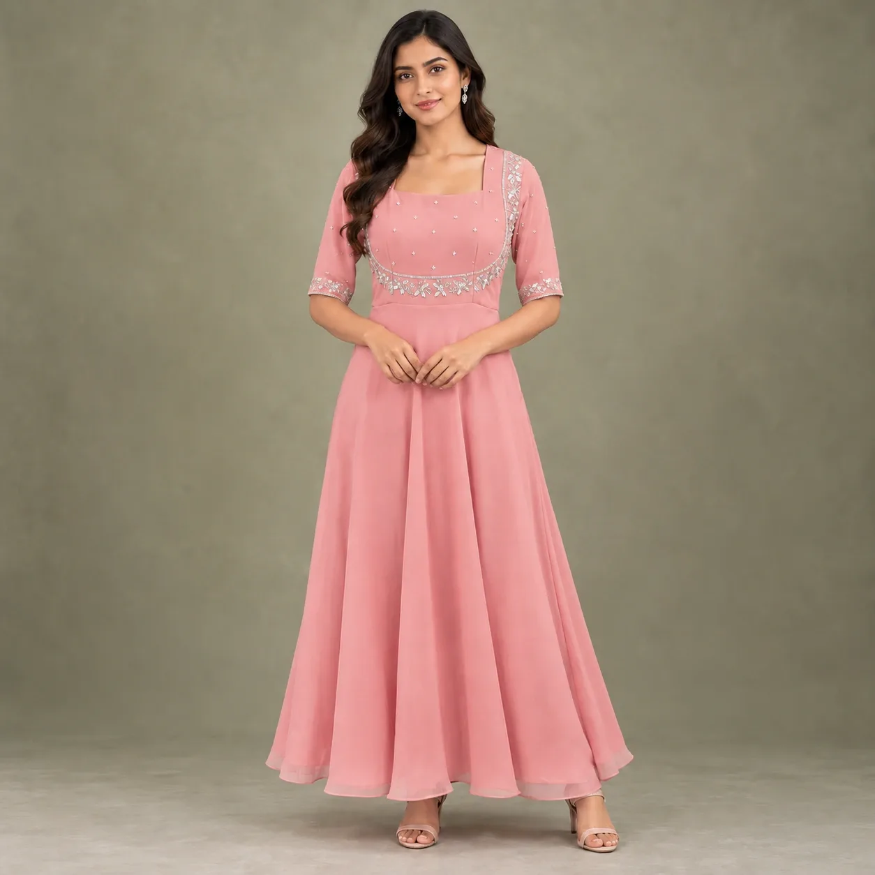 Peach Georgette Anarkali Dress — Anarkalis from Weavaa Bridal & Designer Boutique, a verified 6thLoom designer