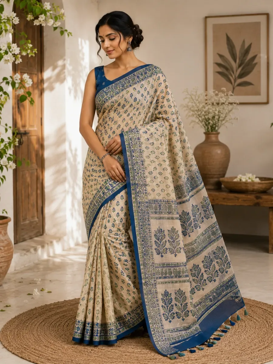 Indigo Bloom Cotton Saree — Cotton Sarees from Mehira Boutique, a verified 6thLoom designer