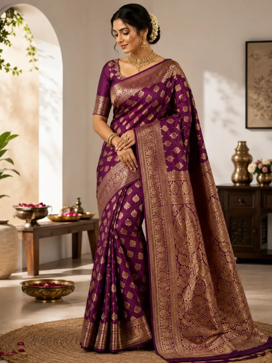 Royal Plum Banarasi Silk Saree — Bridal Wear from Mehira Boutique, a verified 6thLoom designer