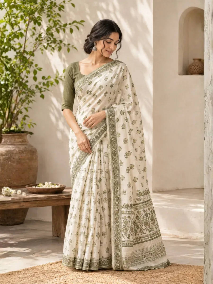 Olive Bloom Cotton Saree — Cotton Sarees from Poorvani Boutique, a verified 6thLoom designer