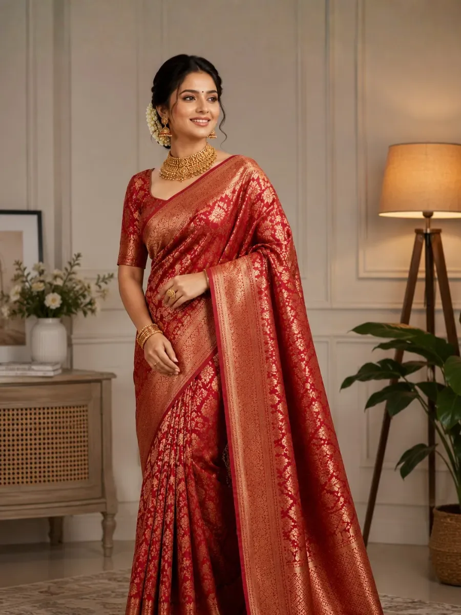 Royal Red & Gold Banarasi Silk Wedding Saree — Wedding Sarees from Mizhora Boutique, a verified 6thLoom designer
