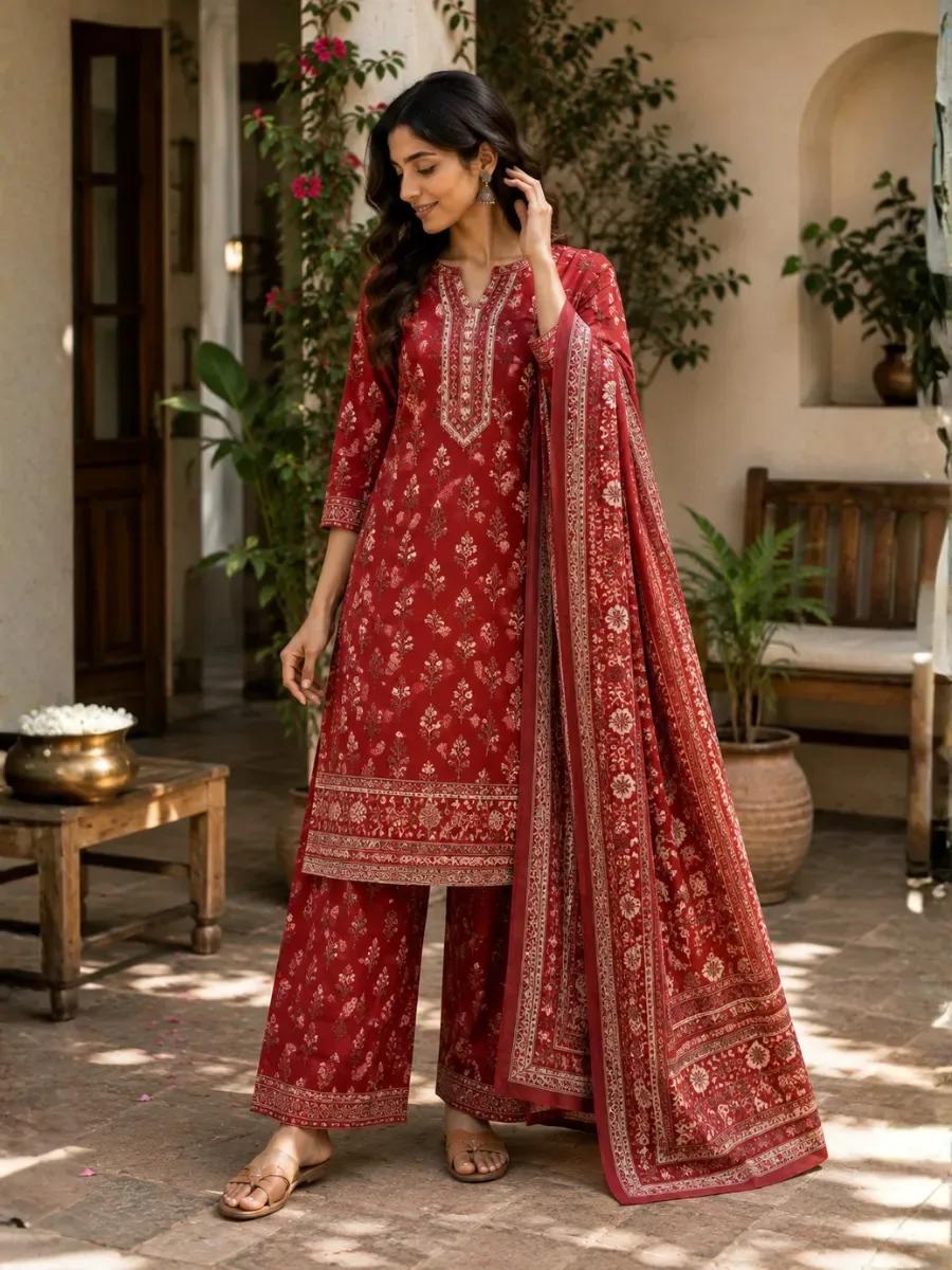 Ruby Bloom Printed Kurta Set | Red Floral Ethnic Wear — Kurta Sets from Poorvani Boutique, a verified 6thLoom designer