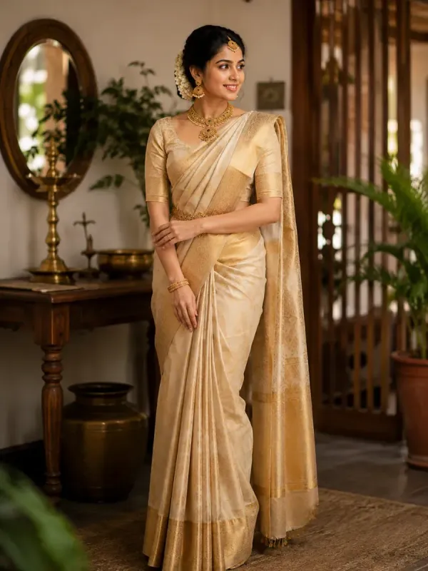 Kerala Traditional Cream & Gold Bridal Silk Saree