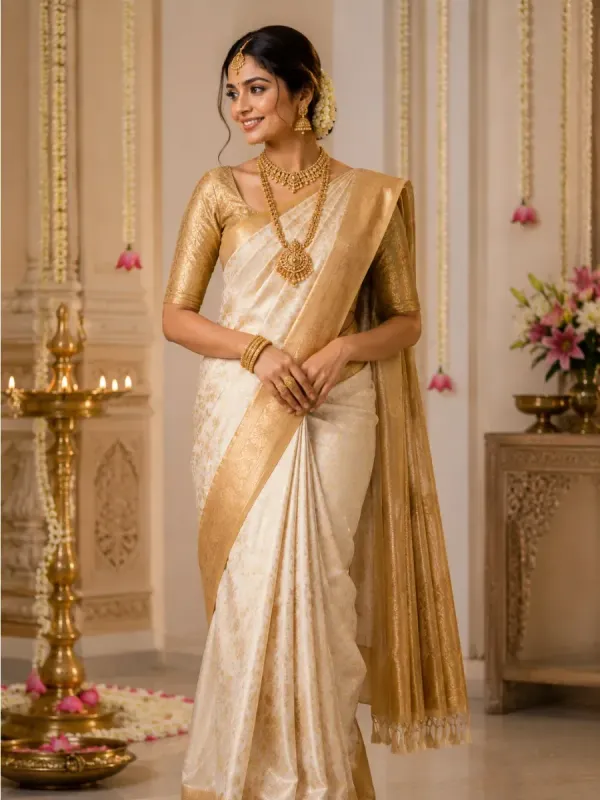 Kerala Traditional Cream & Gold Bridal Silk Saree
