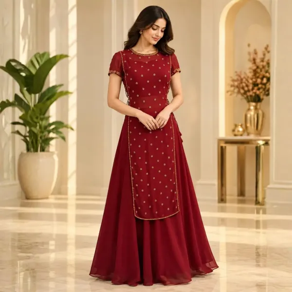 Maroon Embellished peplum style kurta with Palazzo pants 