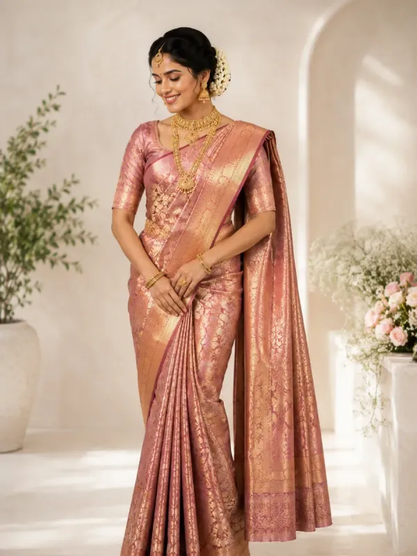 Rose Gold Zari Woven Kanjivaram Bridal Silk Saree