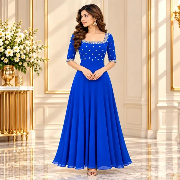 Royal Blue Mirror Work Anarkali Dress 