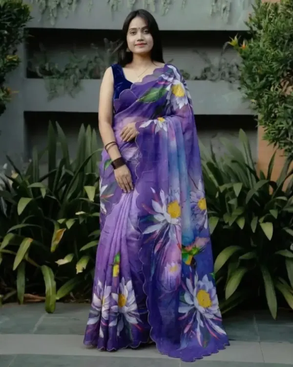 Purple Floral Printed Chiffon Saree