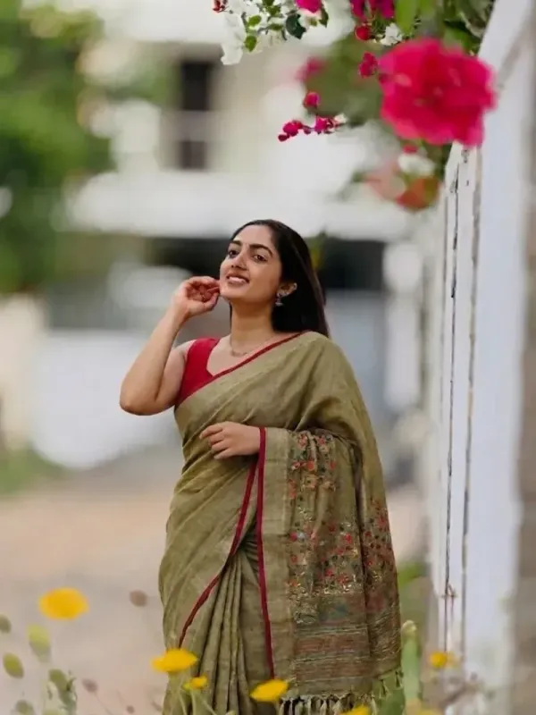 Mehandi green with floral thread work saree