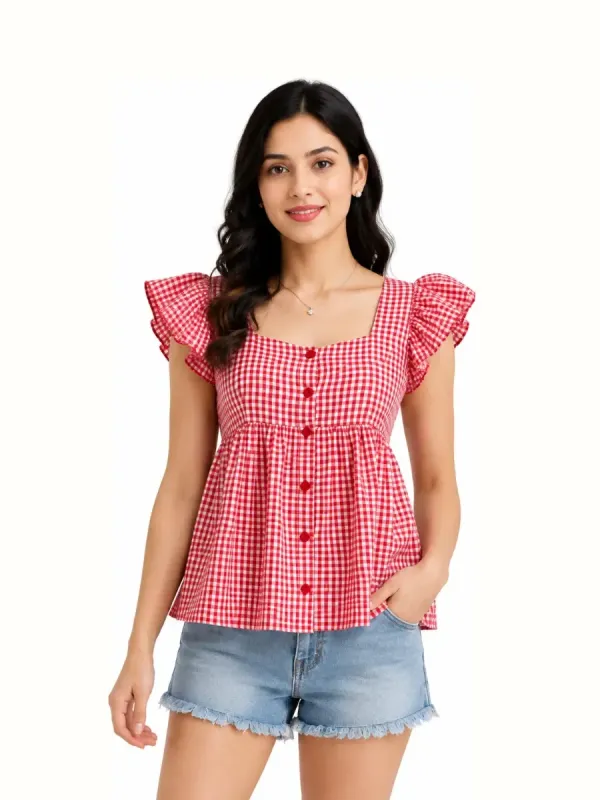 OFISA Casual Ruffled Sleeves Checkered Women Red, White Top