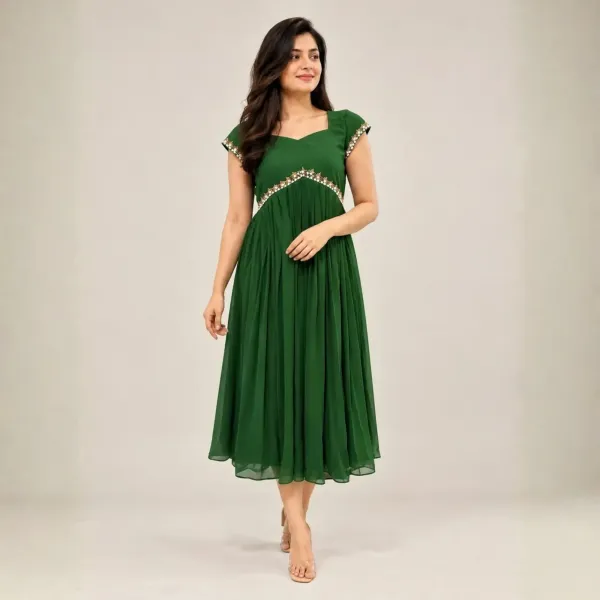 Green Embellished pleated anarkali dress