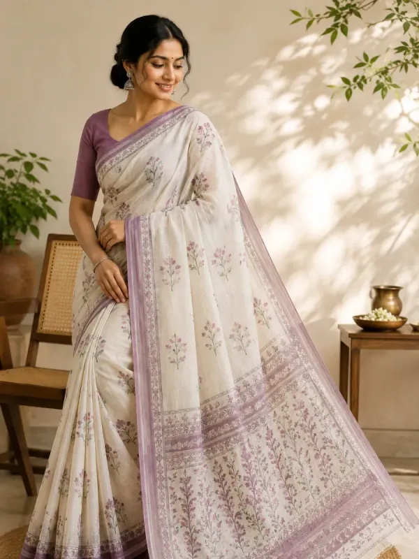 Nivara Pure Cotton Floral Printed Saree – Lavender