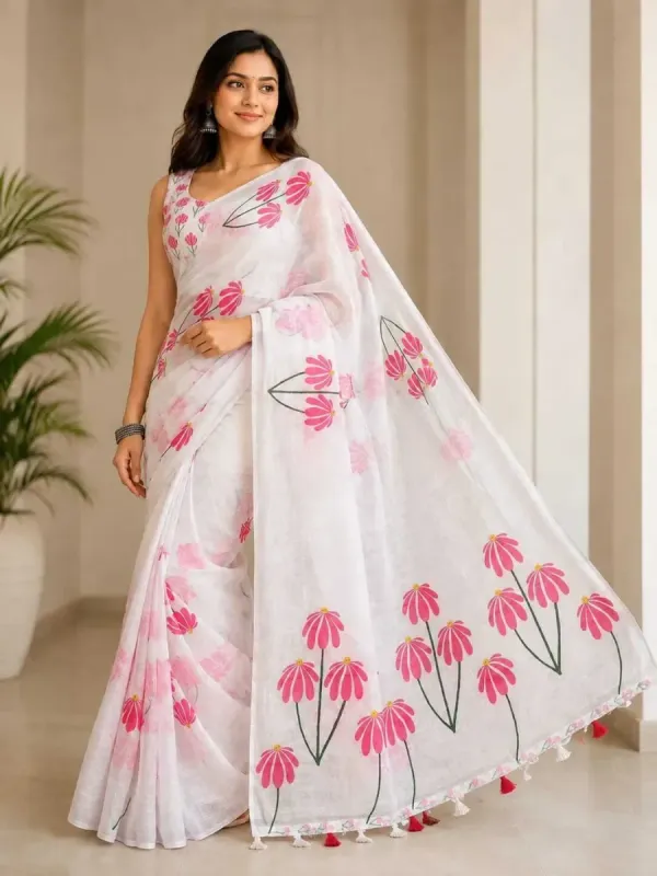 Maku Printed Handloom Pure Cotton Saree (White)