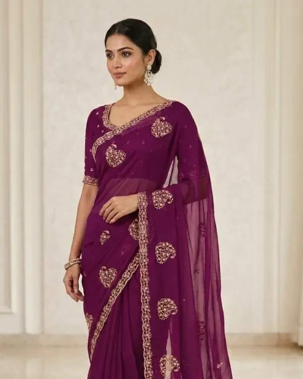 Vaidehi Enterprise Embroidered Bollywood Chiffon Saree (Pink)