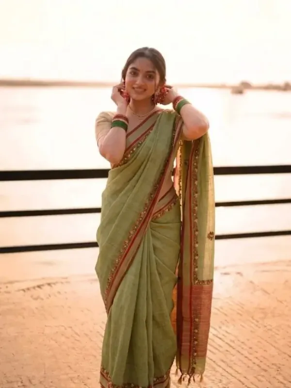 Pista green theard work saree