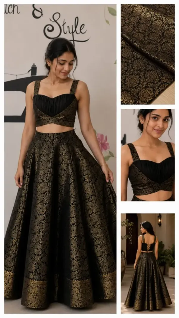 Black & Gold Zeri  Brocade Lehenga Set